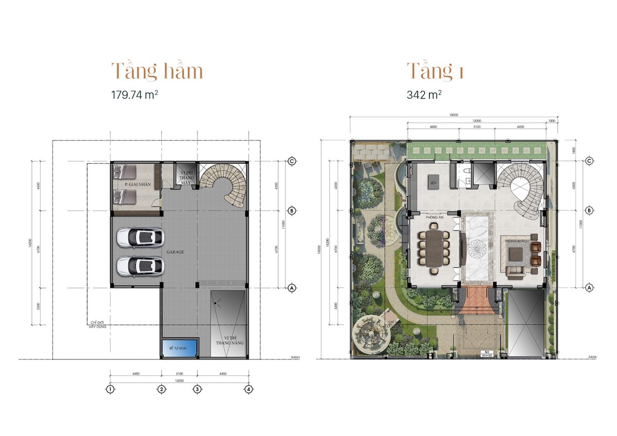 mặt ngoài tầng hầm và tầng 1 biệt thự Jardin Villas