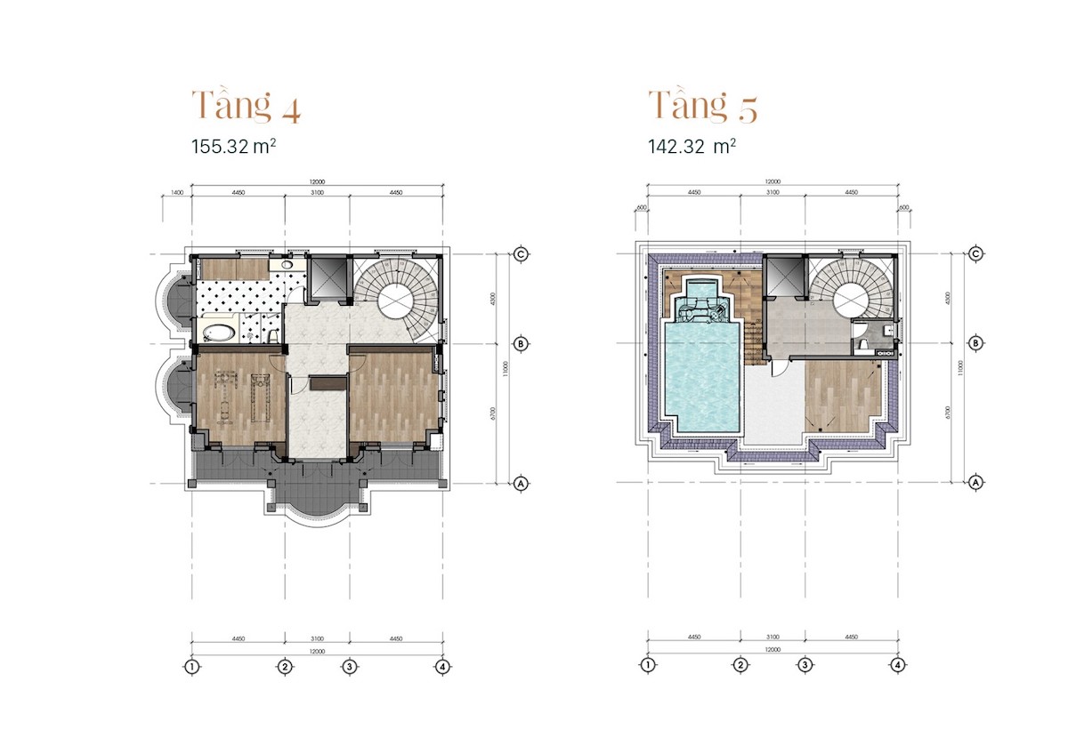 mặt ngoài tầng 4 và tầng 5 biệt thự Jardin Villas